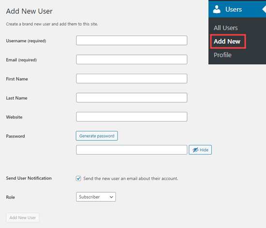 填写表格以将新用户添加到您的网站