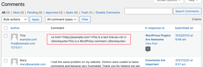 通过禁用HTML阻止评论中的链接