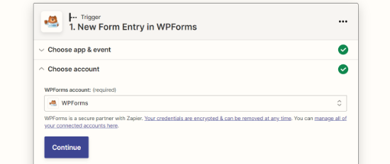 在Zapier中选择您的WPForms帐户