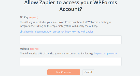 输入Zapier API密钥和网站