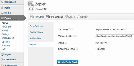 Paste the Zapier Webhook in your Form Settings Paste the Zapier Webhook in your Form Settings