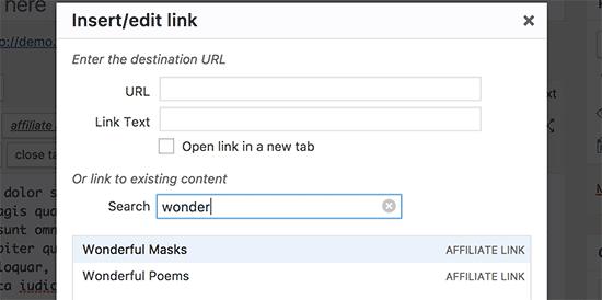 Search and add affiliate links in text editor Search and add affiliate links in text editor