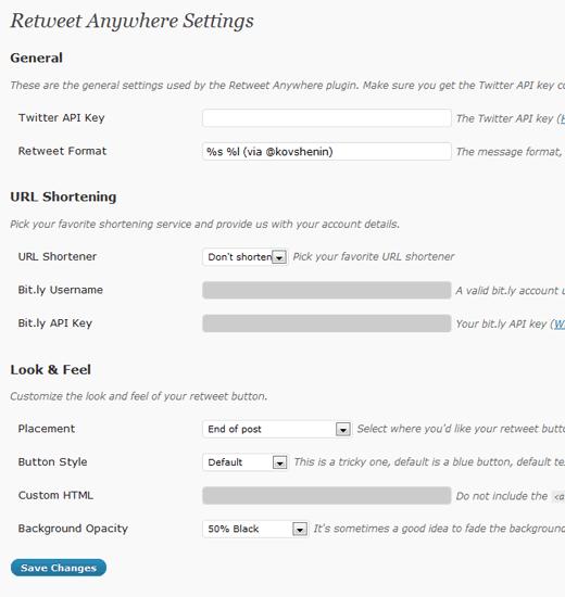 Admin Area for Retweet Anywhere Plugin