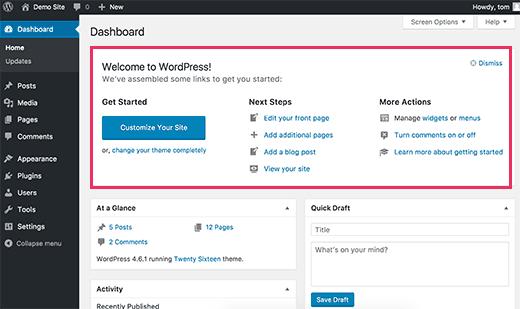 Welcome panel in WordPress admin dashboard Welcome panel in WordPress admin dashboard