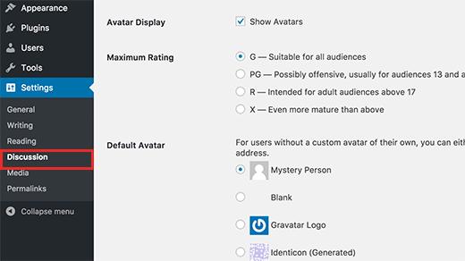 Gravatar settings in WordPress Gravatar settings in WordPress
