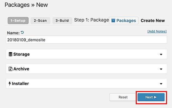 Creating a new package in Duplicator Creating a new package in Duplicator