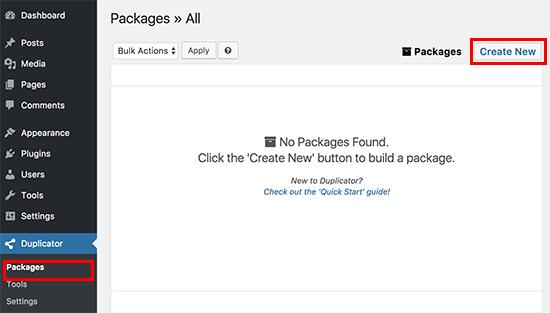 Creating a new package in Duplicator Creating a new package in Duplicator