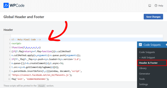 在WPCode标题框中粘贴Facebook Pixel