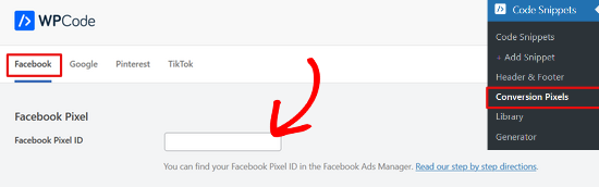 粘贴您的Facebook像素ID 粘贴您的Facebook像素ID