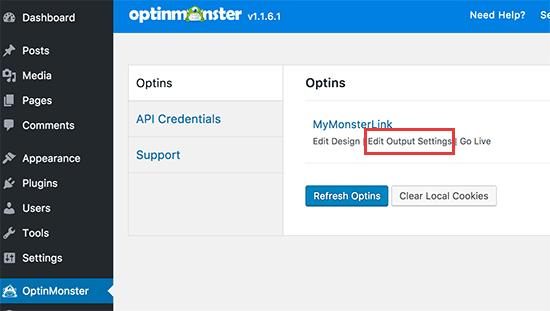 Edit optin output settings Edit optin output settings