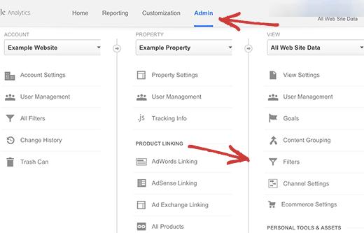 Filter menu in Google Analytics admin Filter menu in Google Analytics admin