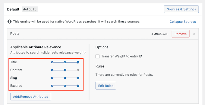 SearchWP的默认搜索引擎设置