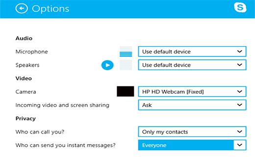 Skype Options in Windows 8 Skype Options in Windows 8