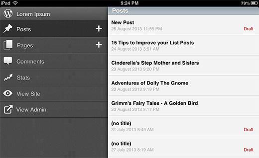 WordPress App for iOS main user interface with menu