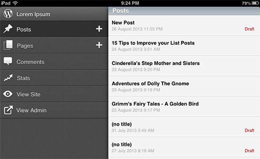 WordPress App for iOS main user interface with menu WordPress App for iOS main user interface with menu
