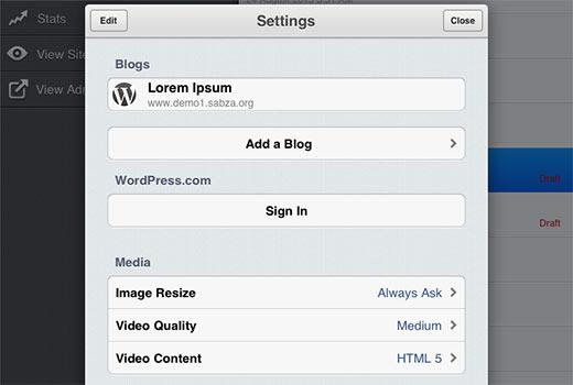 Settings screen in WordPress App for iPhone or iPad Settings screen in WordPress App for iPhone or iPad