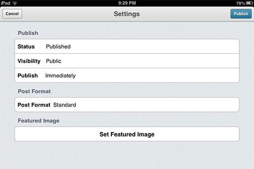 Post settings in WordPress app Post settings in WordPress app