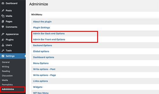 Admin bar options Admin bar options