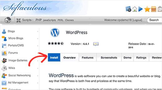 Click on the install tab to continue installing WordPress using Softaculous Click on the install tab to continue installing WordPress using Softaculous