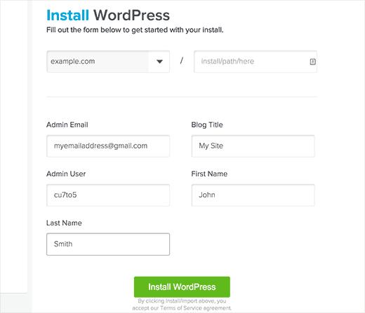 WordPress installation settings in QuickInstall WordPress installation settings in QuickInstall
