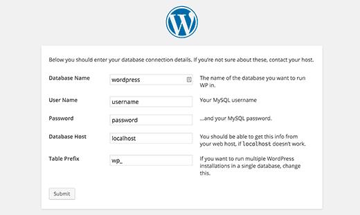 Enter your database information for WordPress installation Enter your database information for WordPress installation