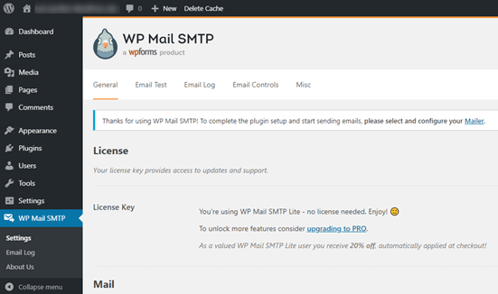 WordPress仪表板中的WP Mail SMTP设置页面