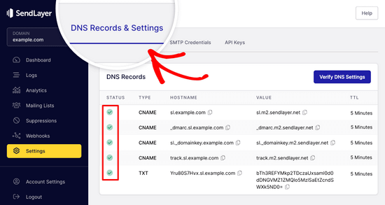 一旦经过验证，SendLayer DNS TXT记录