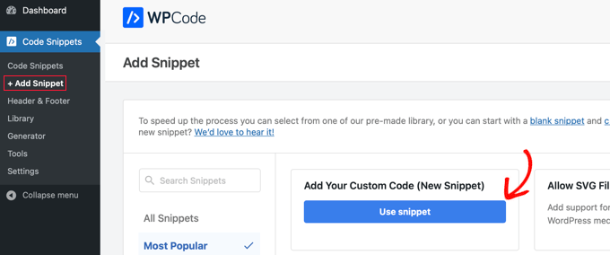 在WPCode中添加您的自定义代码
