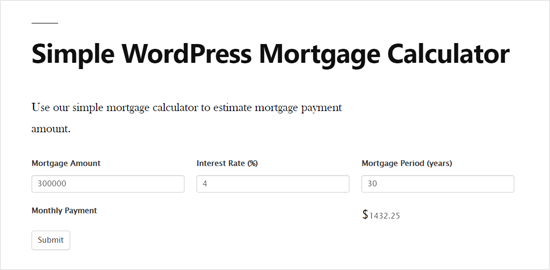简单的WordPress抵押贷款计算器预览