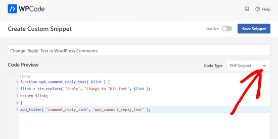 将代码片段粘贴到WPCode中，然后选择PHP作为代码类型