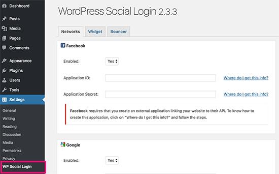 WP Social Login settings WP Social Login settings