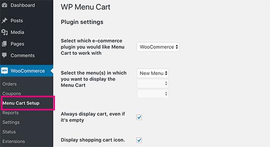Menu Cart settings Menu Cart settings