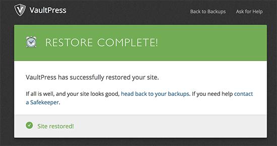 VaultPress restore successful VaultPress restore successful