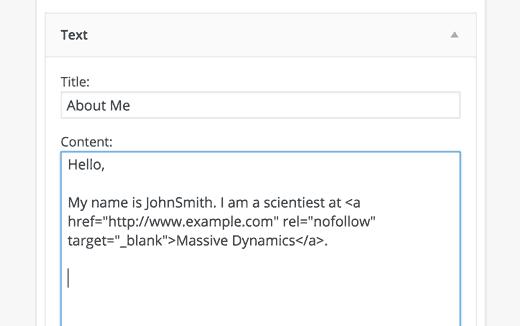 A text widget in WordPress with an HTML link A text widget in WordPress with an HTML link