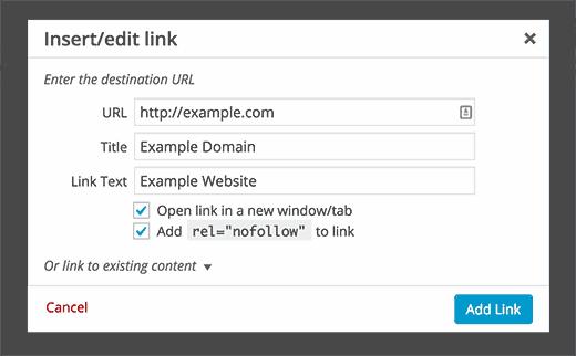 Title and nofollow options in insert link popup