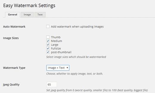 Settings page for Easy Watermark plugin Settings page for Easy Watermark plugin