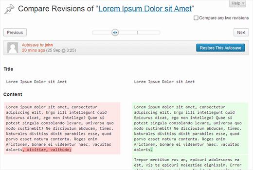 Post revisions screen in WordPress
