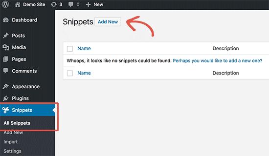 Adding a new snippet in Code Snippets plugin
